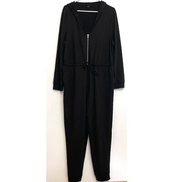 TORRID 1 Plus Size Black Terry Zip Front Hooded Jumpsuit Long Sleeve Cropped 1X - Picture 2 of 16